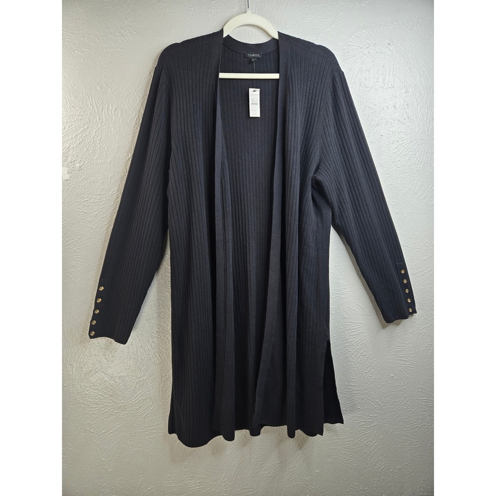 Talbots Open Front Longline Cardigan XL Black Ribbed Sweater Cozy Minimalist NEW